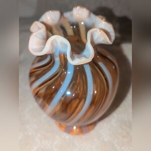 Vintage Fenton Striped Glass Vase with Ruffled Edge